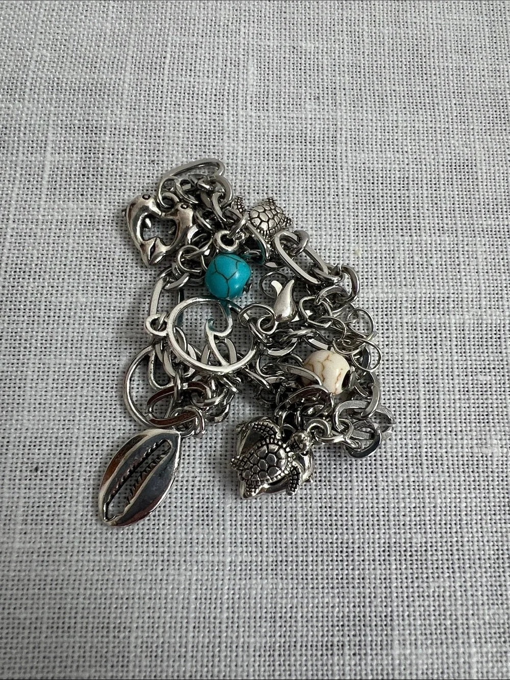 🌞 Sterling Silver Charm Bracelet w/Turquoise Accents Turtles Dolphins Whales OS